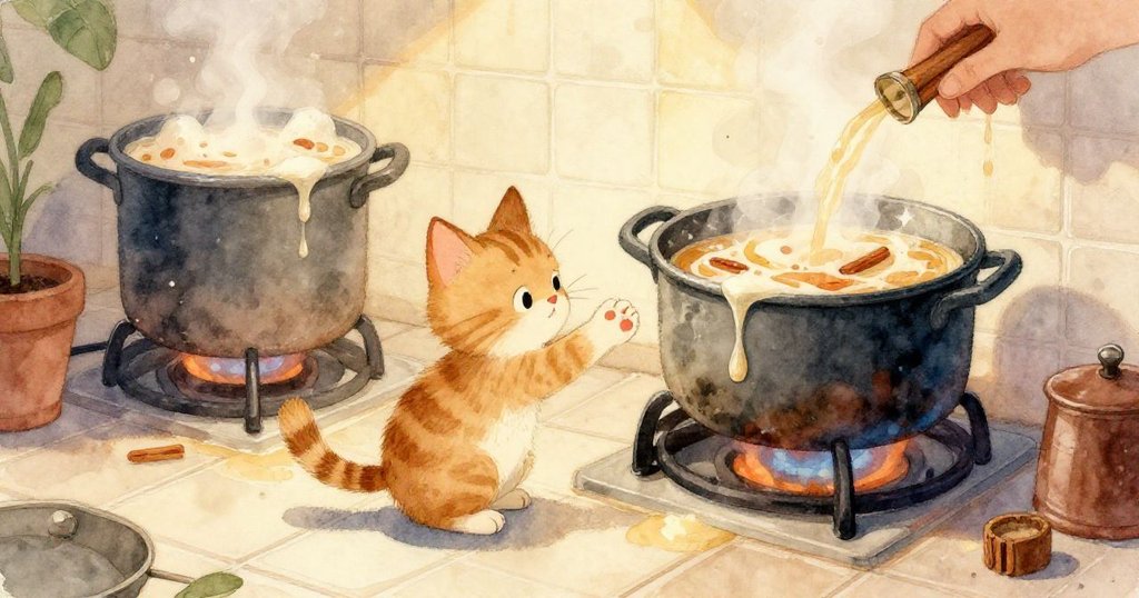 在溫柔光線下的廚房收納角落中，一條薄荷輕飄自櫥櫃裂縫中飄出，小貓靜候揭開秘密篇章。