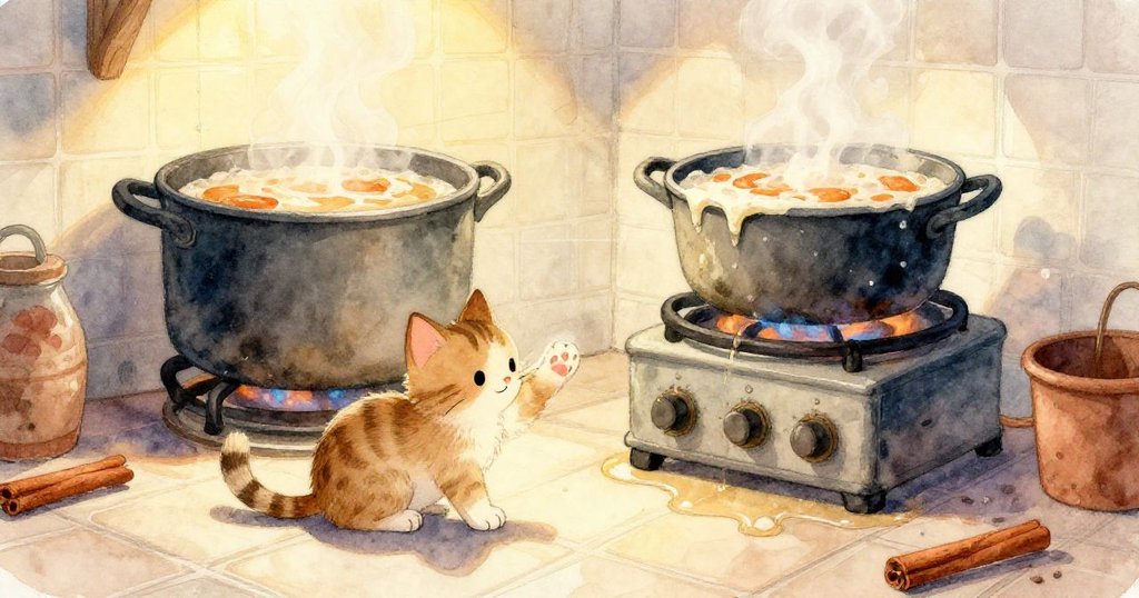 小貓躍向藍鯨形海綿，金屬蓋與量杯活躍互動，廚房充滿緊張與歡樂，冒險進入高潮。