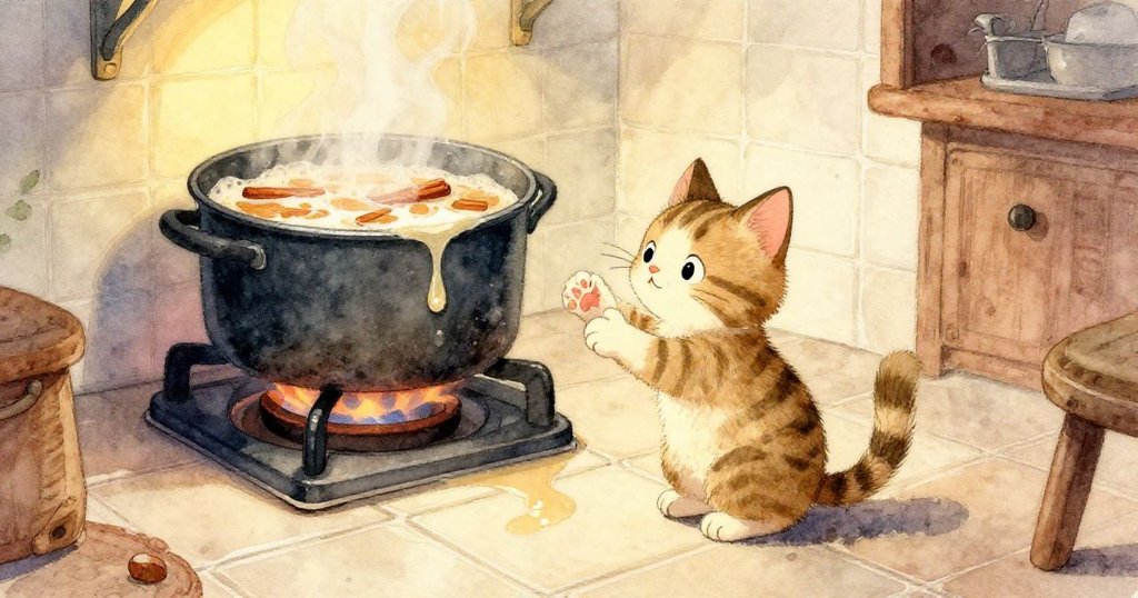 小貓溫柔嗅探輕飄薄荷，眼中流露柔情，標誌著冒險平靜結束與甜美回憶。