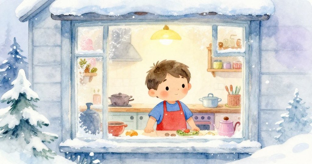 布雷克在明亮廚房內忙碌，外面冬日氛圍，窗邊透出暖光，營造家般溫暖感