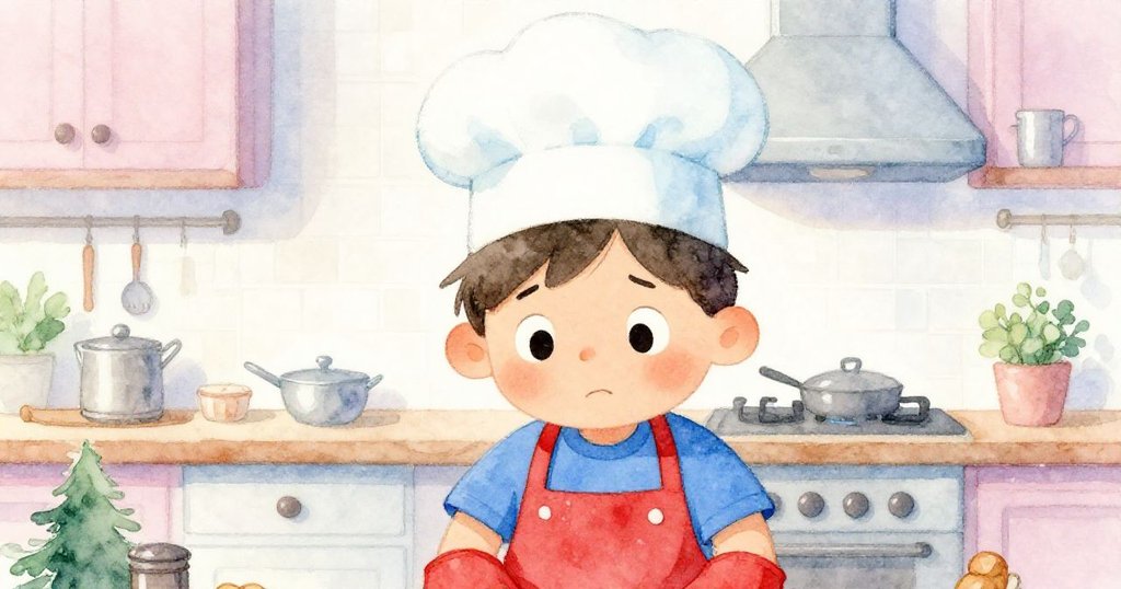 布雷克戴著廚房手套，面部集中表情，溫暖廚房背景中展現專注與擔憂