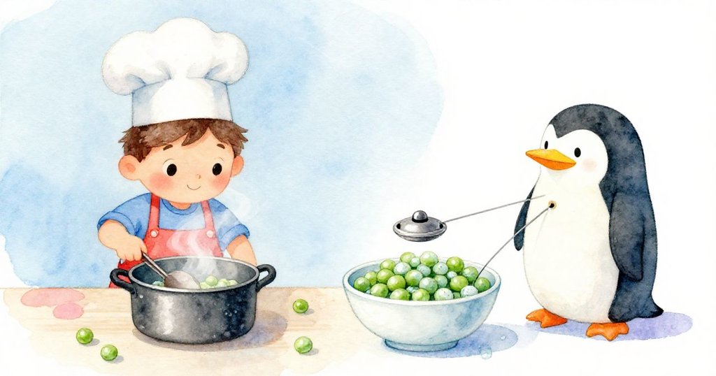 布雷克在爐邊調整冒蒸氣的鍋具，另一邊瓷製企鵝計時器正滑向凍豌豆碗，分割畫面呈現緊湊情境