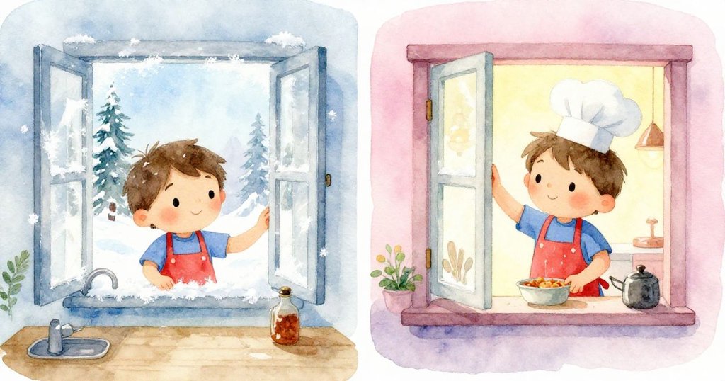 廚房兩段時間畫面，左側開窗流霜，右側布雷克關窗後溫暖氣氛呈現時光轉換