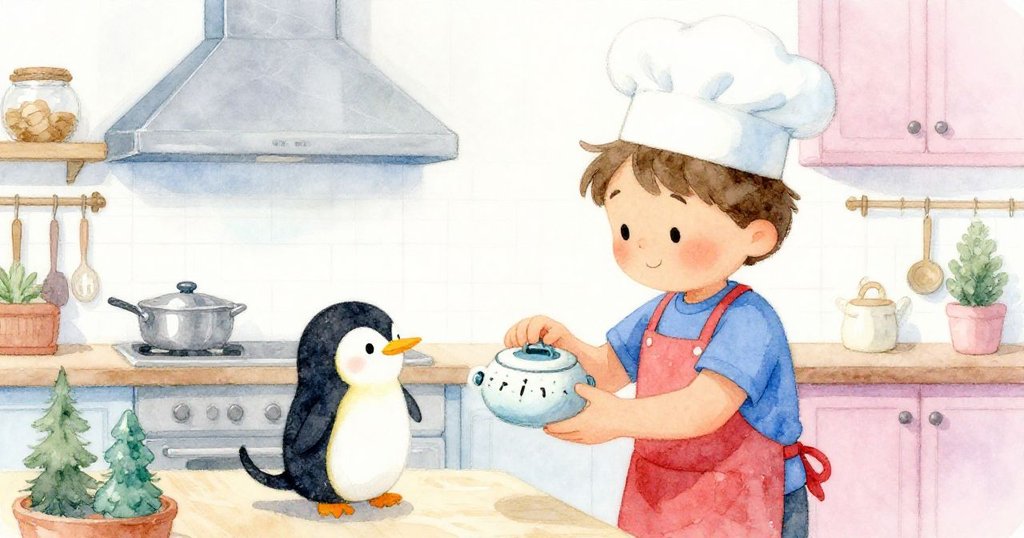 布雷克溫柔地將瓷企鵝計時器遞給一隻好奇小貓，和蔼情景展現溫馨交換與關懷