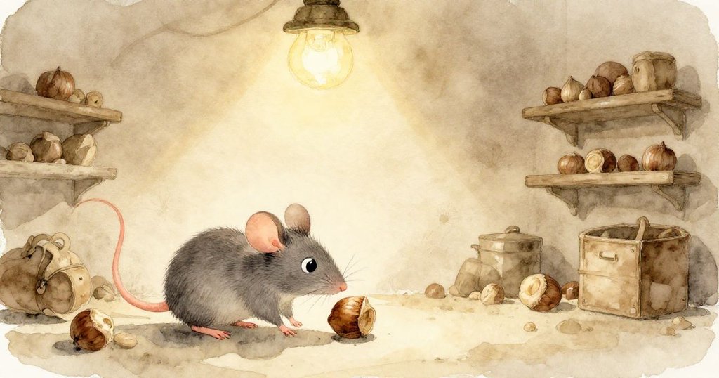 米洛在溫暖燈光下推著榛子，背景為布滿塵埃的儲藏室，動作輕柔且充滿好奇心。