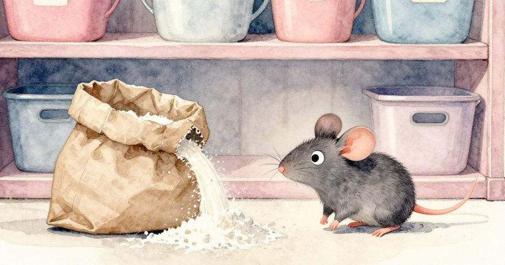 米洛好奇地接近從撕裂紙袋中流出的麵粉錐形堆積，室內溫馨而細膩的工作環境。