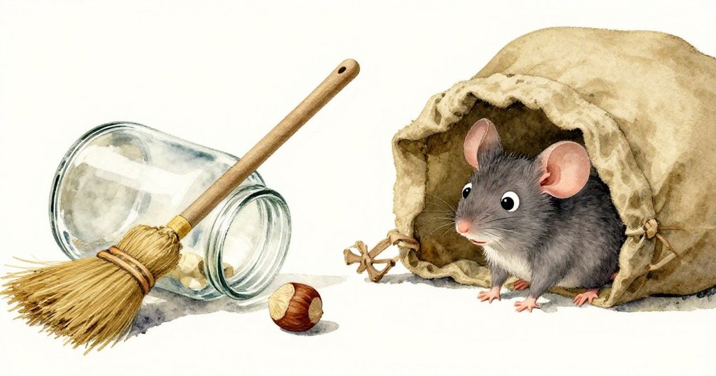 一邊玻璃罐因掃帚柄被滾動的榛子撞擊而搖晃，另一邊皮普在帆布袋下驚慌而動，瞬間連鎖反應展開。