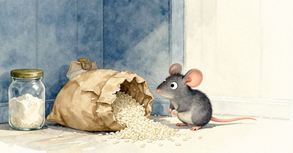 米洛在儲藏室新角落中探索，紙袋散落的米粒與其它物品交織，環境充滿細節與溫馨氛圍。