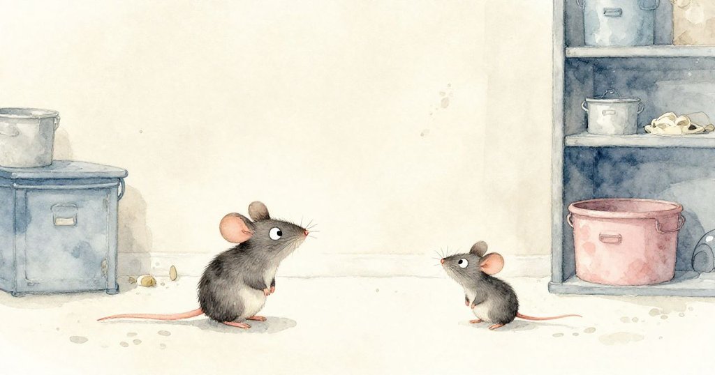 混亂過後，儲藏室恢復寧靜，米洛與皮普安靜觀察地面上麵粉與足跡，臉上流露出平和與放鬆。