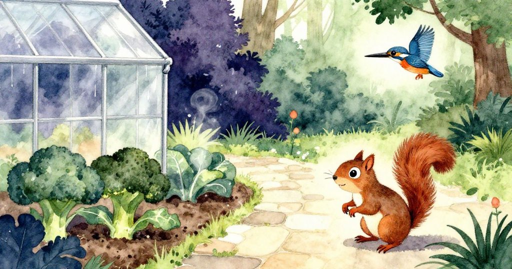在溫暖陽光下，松鼠探頭看著附近的花園小徑、菜園和森林景緻，神情好奇，環境充滿生機與活力