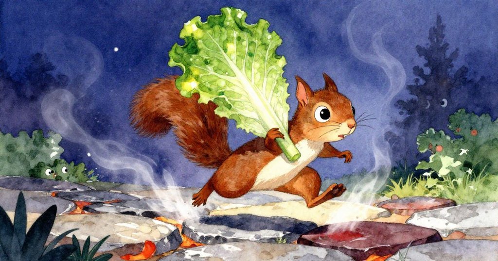 從下往上看，松鼠用大萵苣葉遮蔽背部，躍上發熱的石板，神情堅定充滿活力與勇氣