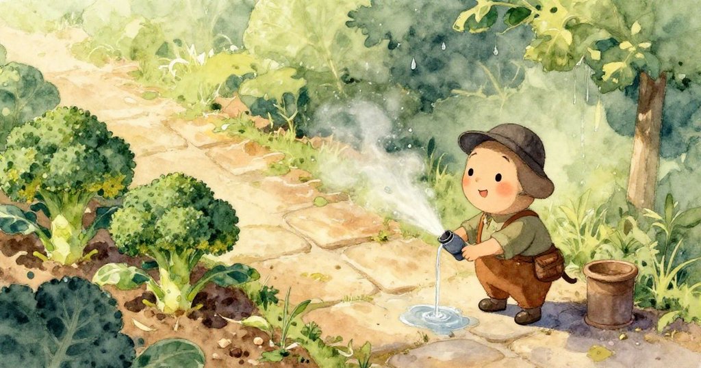 從高處俯瞰，斑駁的萵苣葉上水珠閃爍，螞蟻沿著潮濕的裂縫前進，環境散發著靜謐與自然的律動