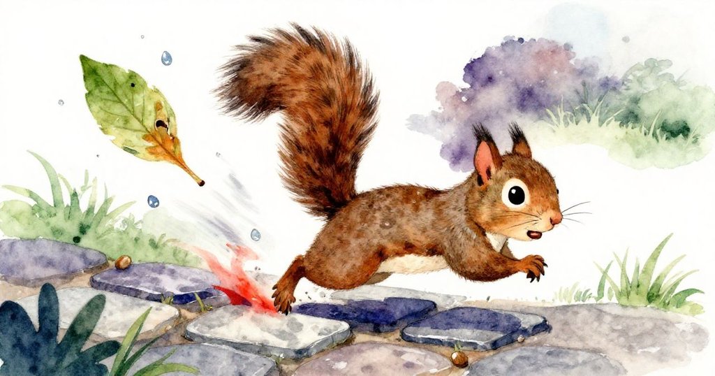 松鼠急速奔逃穿越發熱石板，嘴裡緊握一粒種子，留下燃燒枯萎的葉子與四散水珠，動作充滿緊迫與活力