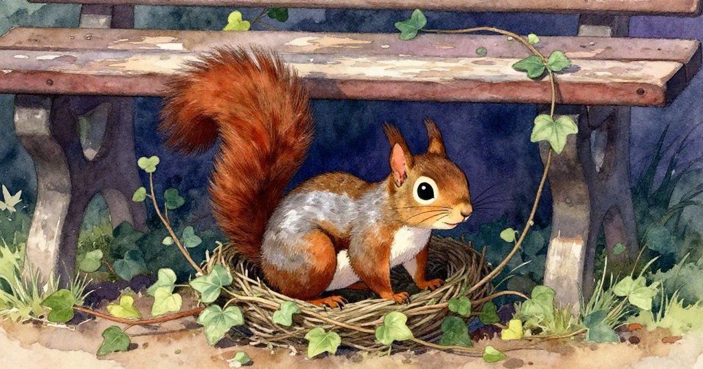 松鼠溫柔地回望後，躲進藤蔓覆蓋的巢穴下的木椅，流露出安心與告別情緒，夜幕降臨中透出寧靜