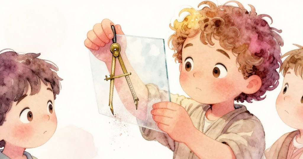 Sage細心觸摸著薄玻璃，手上覆蓋細塵，銅製指南針旁邊散發溫暖光芒，專注中流露喜悅。