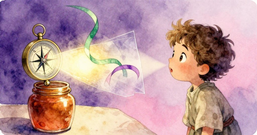 Sage注視著光束從指南針反射到漆罐上形成綠紫光帶，在玻璃上跳動，驚奇中充滿魔幻感。