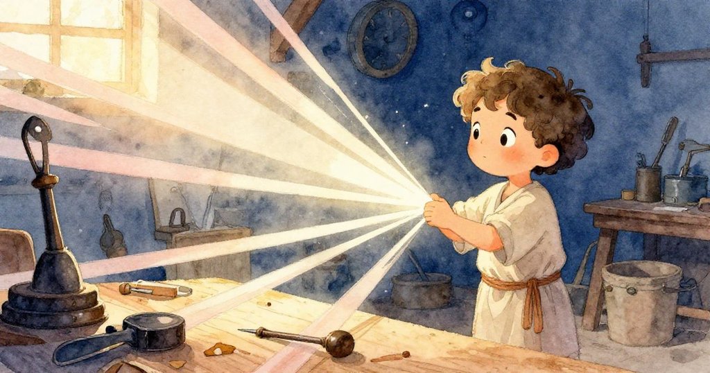 Sage在工作室內隨著夕陽西下調整身姿，光帶流動映射於工具和木桌上，充滿時間變幻的美感。