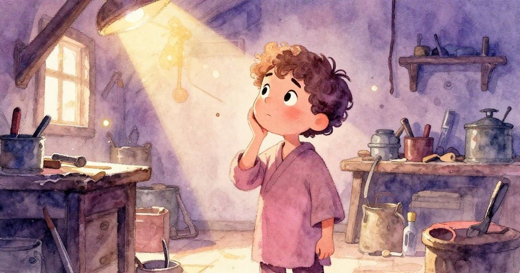 Sage站在桌邊凝視流動光帶，手輕觸工具，內心猶豫卻充滿決心，光影交錯營造抉擇氛圍。