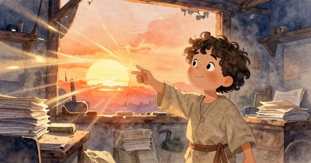 Sage在夕陽餘暉中微笑，看著光帶輕拂堆疊紙張與牆面，滿懷希望與溫暖結束了一天的旅程。