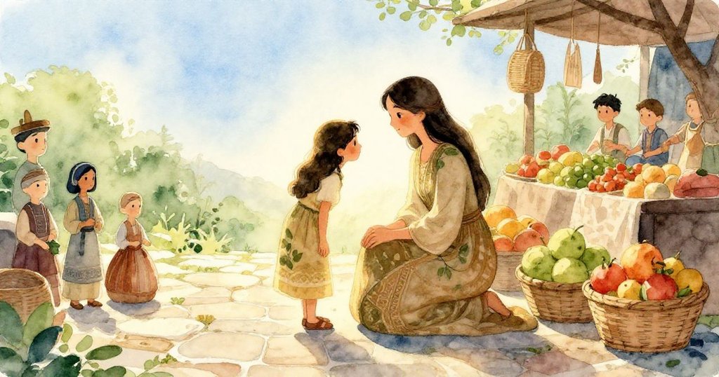 Tara在晨光中跪於攤位前，石板、蠟像與水果籃映襯下神情溫柔，展現傳統市場的清晨氛圍。