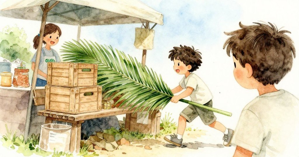 志願者忙碌堆起木箱並將大棕櫚葉滑過攤位椅面，從Tara背後視角展現攤位忙碌景象與動態互動。