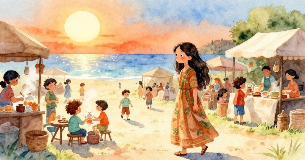 市場在正午烈日下熱鬧非凡，茶攤冒出蒸汽，遠方地平線如水光閃動，呈現盛夏市場動態情景。