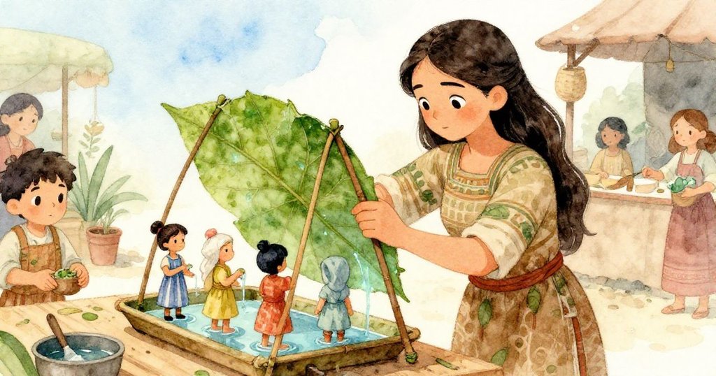 Tara專注操作，將細藤竿插入棕櫚葉創造遮蓋，沾濕布輕塗水面，神情堅定保護蠟像。