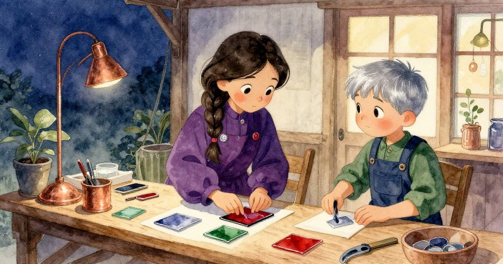 露娜在溫暖暮光下於古樸工作坊前擺放彩色玻璃,奧斯卡在一旁檢查刀具,表情專注,環境充滿藝術氛圍。