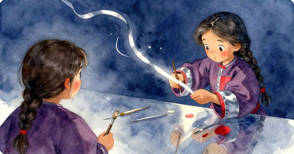 奧斯卡從背後觀察露娜專注工作,明亮光帶在兩人間穿梭,彰顯創意與工藝,場景充滿動感與神秘光彩。