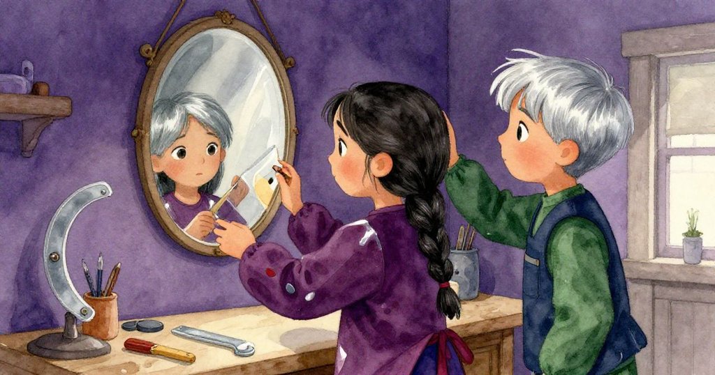 露娜與奧斯卡在溫馨工作室中互換位置,與懸掛鏡子和彎曲刀具互動,光影變幻中展現藝術實驗與創新。