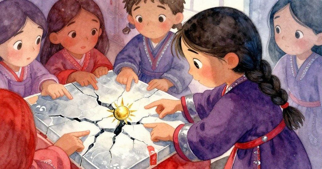 露娜正努力解放有裂縫的瓷磚,手指連續輕拍,微光銅太陽在旁閃爍,臉上露出堅定與專注。