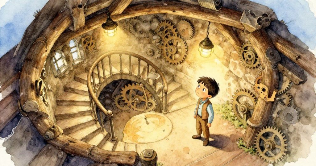 喬爾在神祕的地下室裡探索，從上方所見充滿旋轉齒輪和階梯，動態細節展現探險開始的興奮與好奇