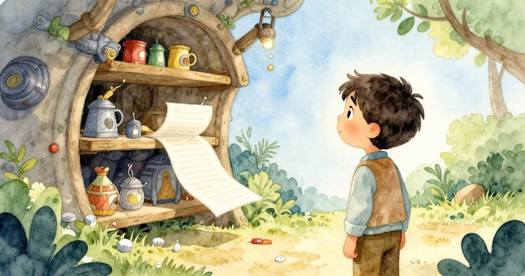 喬爾背影中觀察旋轉齒輪牽引書架與筆記本移動，亮麗友誼胸針搖搖欲墜，展現動態機械變化中的驚奇