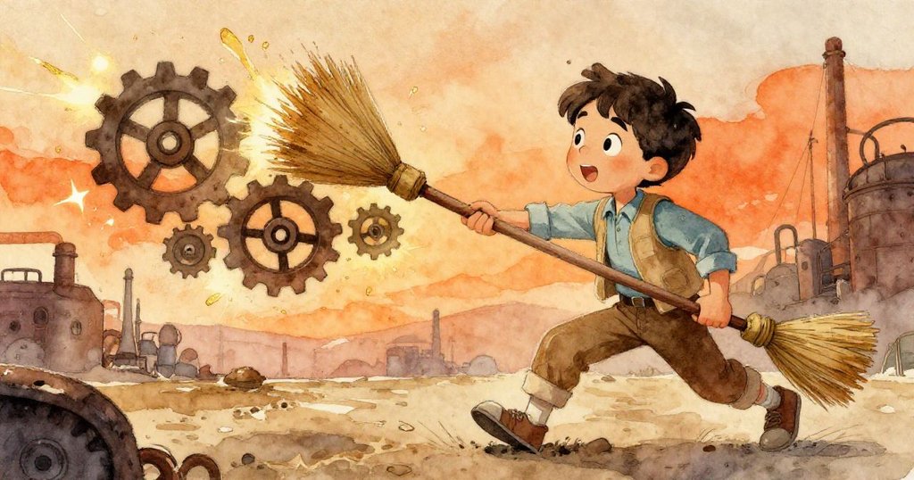 喬爾猛衝出動作中用木掃把棍堵住旋轉齒輪，火花飛濺，展示緊張冒險場景與果敢表情