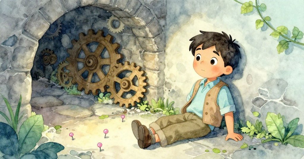 喬爾靠在粗糙牆邊放鬆，機械寧靜下來，粉色胸針在石地上閃爍，結束冒險後心情舒緩