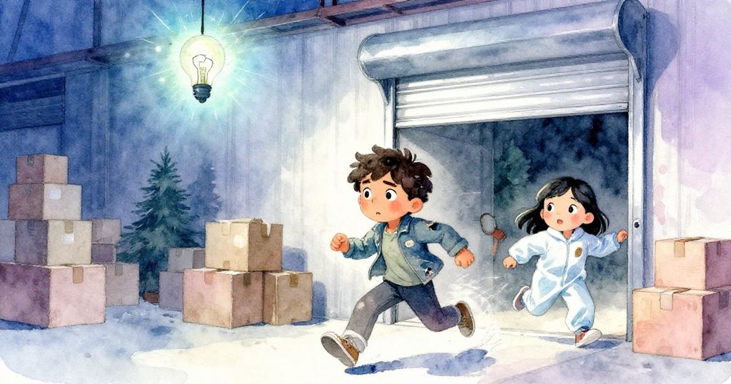 在黃昏的貨倉口，Dean與Suki奮力向自動捲門衝刺，燈泡火花閃爍，緊張氣氛中充滿勇氣與期待。