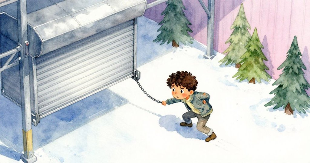 從高處俯瞰，Dean彎腰躲避下墜捲門鏈條，神情緊張而專注，展現冒險與挑戰。