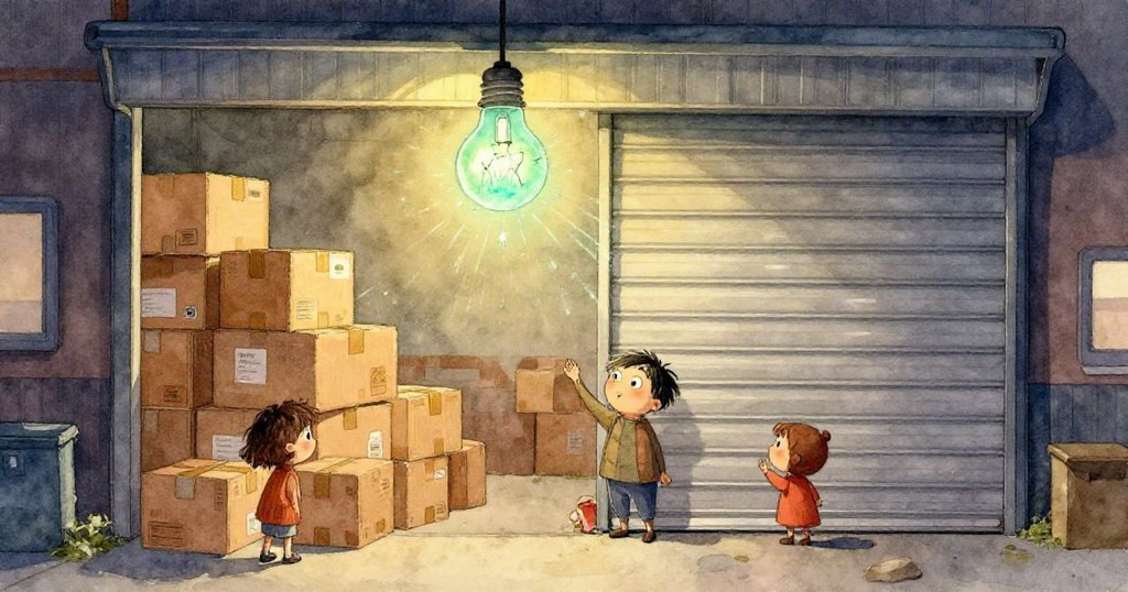 溫柔午後貨倉內，陽光灑下粉色與薰衣草陰影，紙箱堆疊中彌漫著塵埃與木質氣息，靜謐動人。