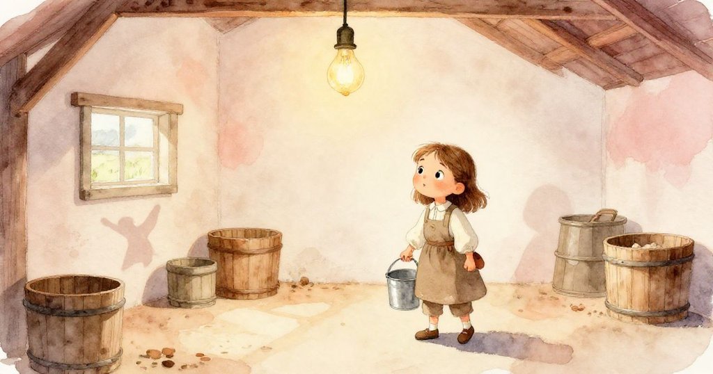 柯拉進入穀倉,手持鐵桶,室內木箱排列整齊,搖曳光影映出她期待而平靜的表情,故事剛起步。