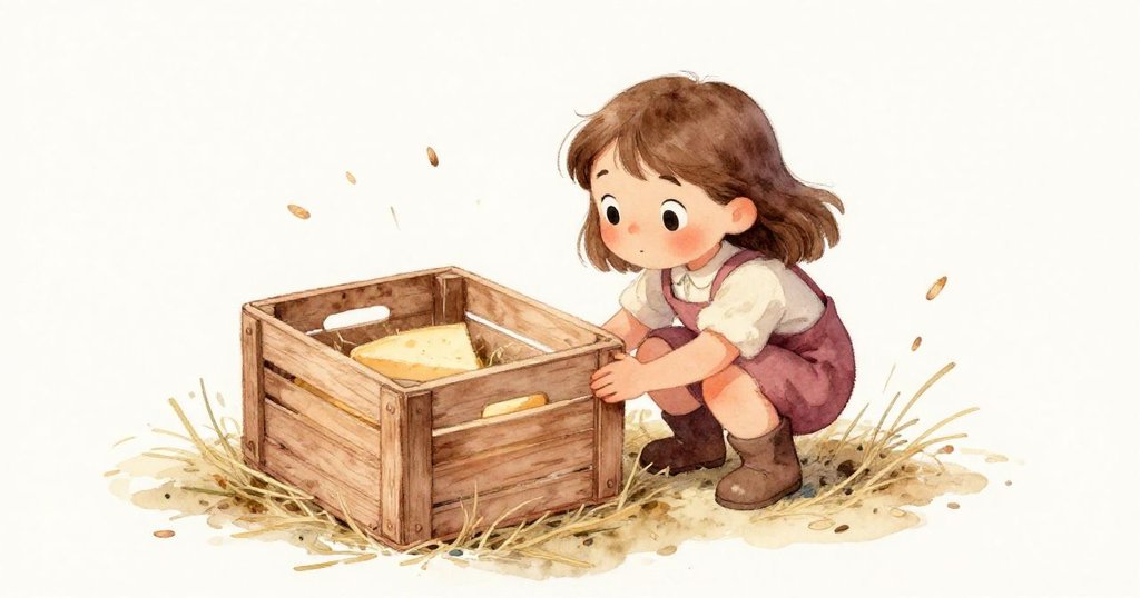 從上方俯視,柯拉蹲守空箱旁,周圍稻草與穀粒飛舞,動感中流露出專注與柔和的緊張心情。