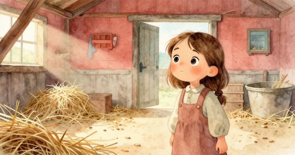 柯拉在秋日穀倉中暫停,注視著飛舞的稻草與穀粒,溫暖光線流轉,場景洋溢著自然和諧之美。