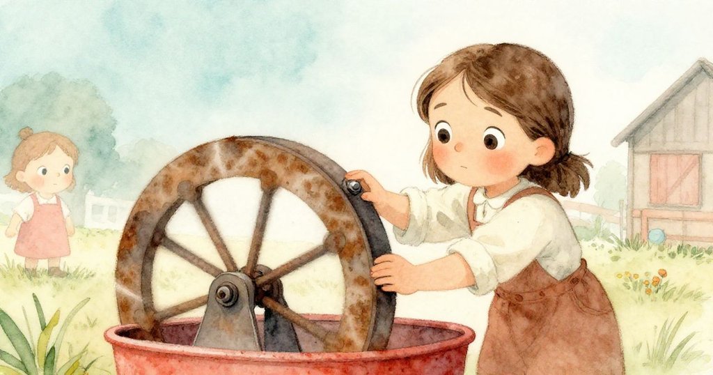 柯拉伸手於生鏽餵料器後,專注調整鬆動螺栓,堅定神情呈現冒險決心,場面動靜兼具。