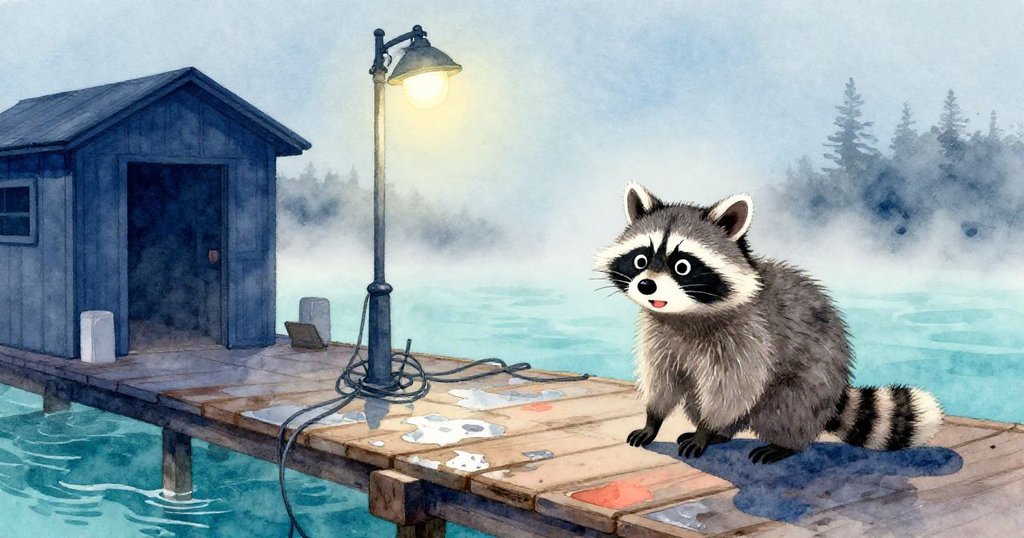 清晨薄霧中,狸貓Rascal躡手躡腳靠近修理棚旁的潮濕碼頭,銀色燈光閃爍映出電線與蝦殼桶,情緒充滿好奇與期待。