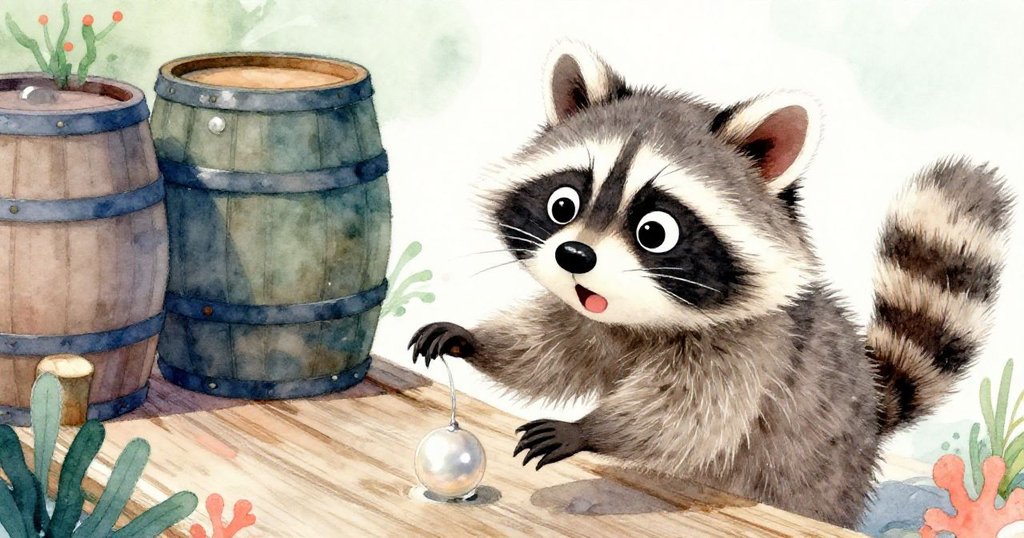 近距離捕捉Rascal驚訝表情,眼神明亮注視搖晃木桶,背景呈現模糊碼頭木質細節,神情充滿疑惑與決心。