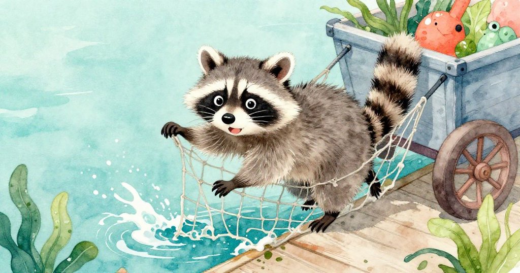 畫面傾斜呈現Rascal站在手推車前,奮力攀爬破舊網具,水花四濺,神態果決,環境充滿老舊碼頭韻味。