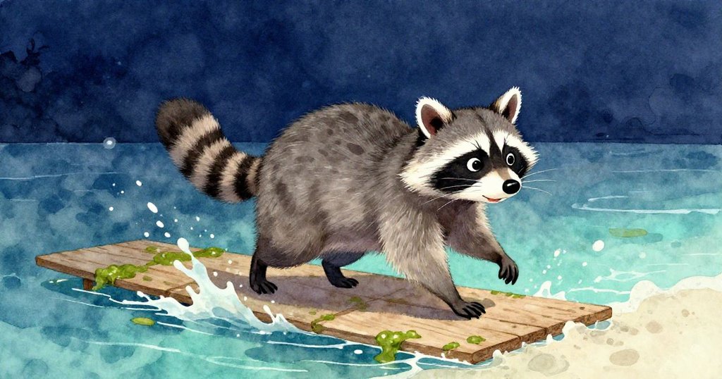 傍晚時分,Rascal小心翼翼踩在傾斜的濕滑木板上,水波拍擊足踝,背景光線由晨光過渡至昏暗冷藍,情緒堅毅。