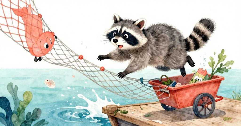 動感場景中,Rascal從生鏽網具上躍過手推車,爪子在空中揮舞,溅起水花和脫落蝦殼,緊張刺激。