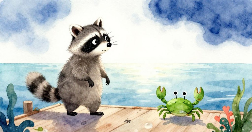 最終畫面中,Rascal穩立於搖晃木板上,濕漉爪印縱橫,目光堅定望向遠方天光,旁邊Crabby親切揮爪,共享勝利喜悅。