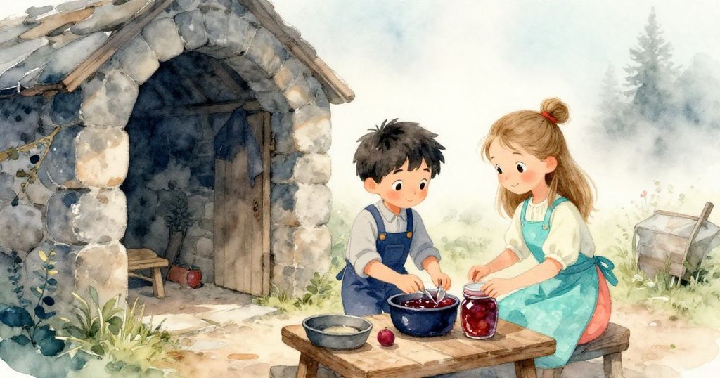 Jonah和Nell在石造地窖中開始工作，輕霧與溫暖蠟光交織，兩人忙碌中充滿期待與溫馨氛圍