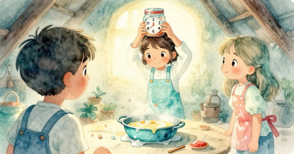 從Jonah身後看到Nell專注地數秒，輕輕舉起裝梅子果醬的罐子，背景中溫暖蠟光與合作情感交織